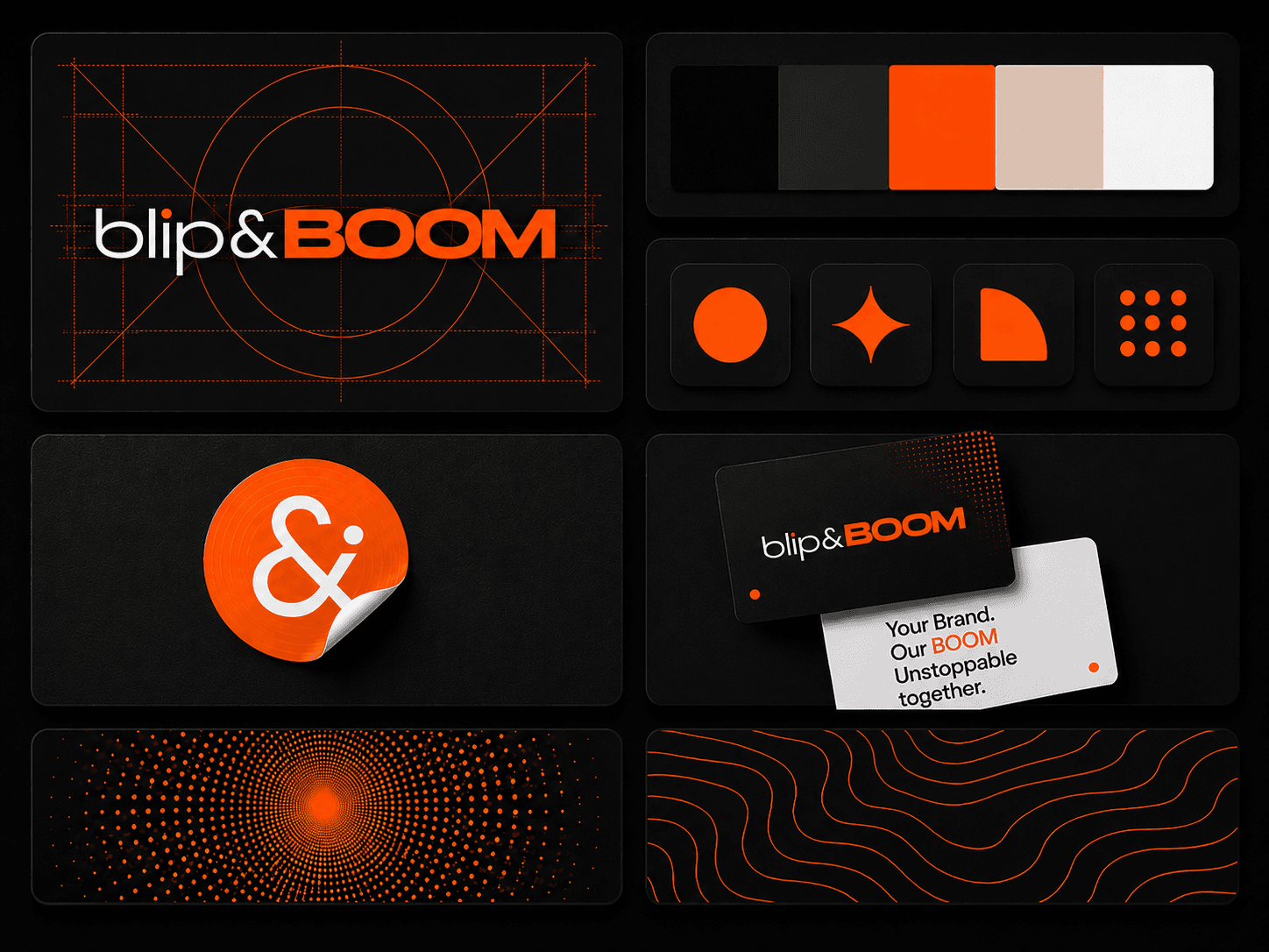 Blip & Boom identity system — logo construction grid, colour palette, icon set, sticker mark and business cards in black and orange