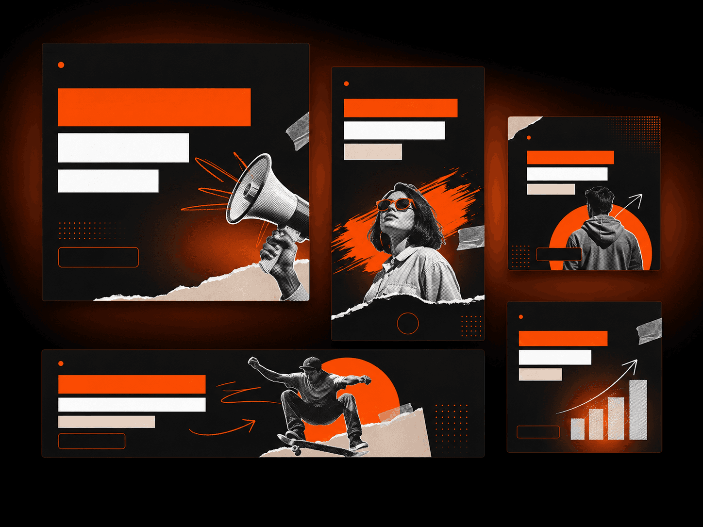 Social and ad creative set — five layouts mixing cut-out photography with bold orange blocks and headline bars