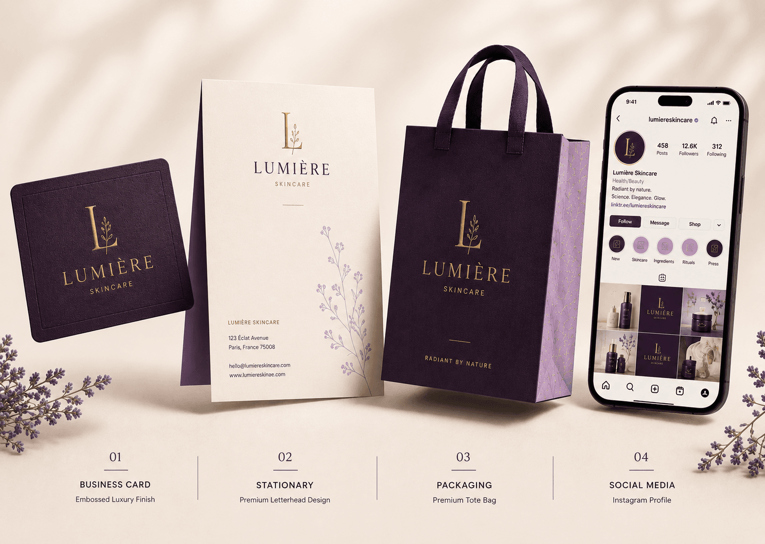 Lumière Skincare identity system — business card, letterhead, tote bag and Instagram profile in plum and gold