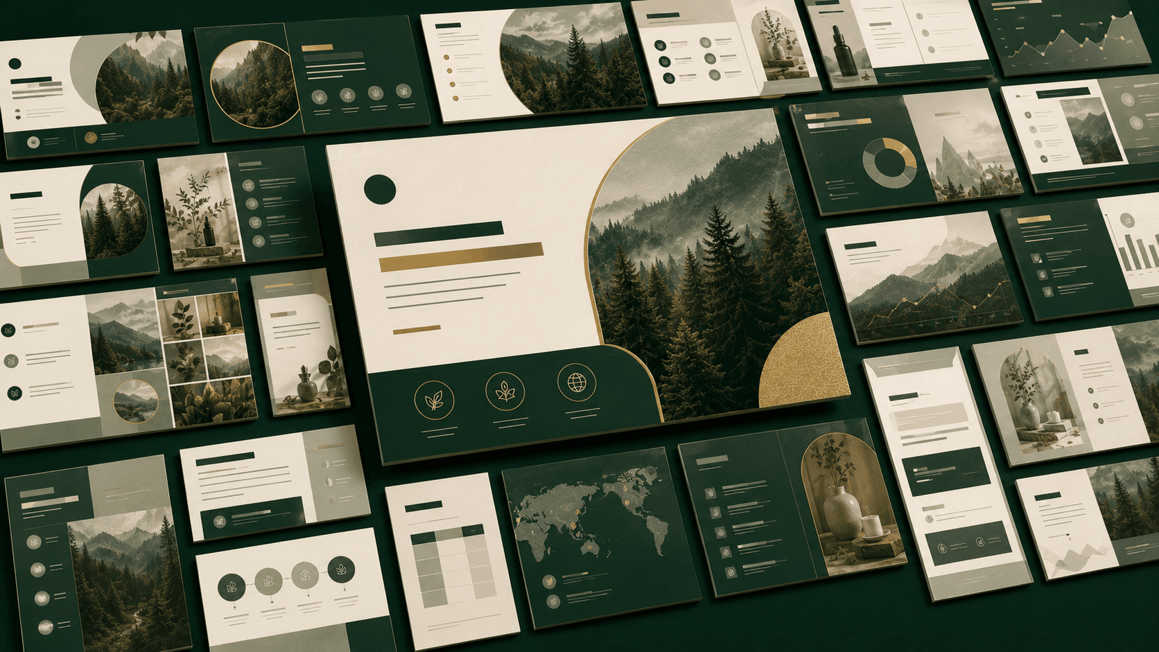 Presentation template system in forest green and gold, laid out as a grid of slide layouts