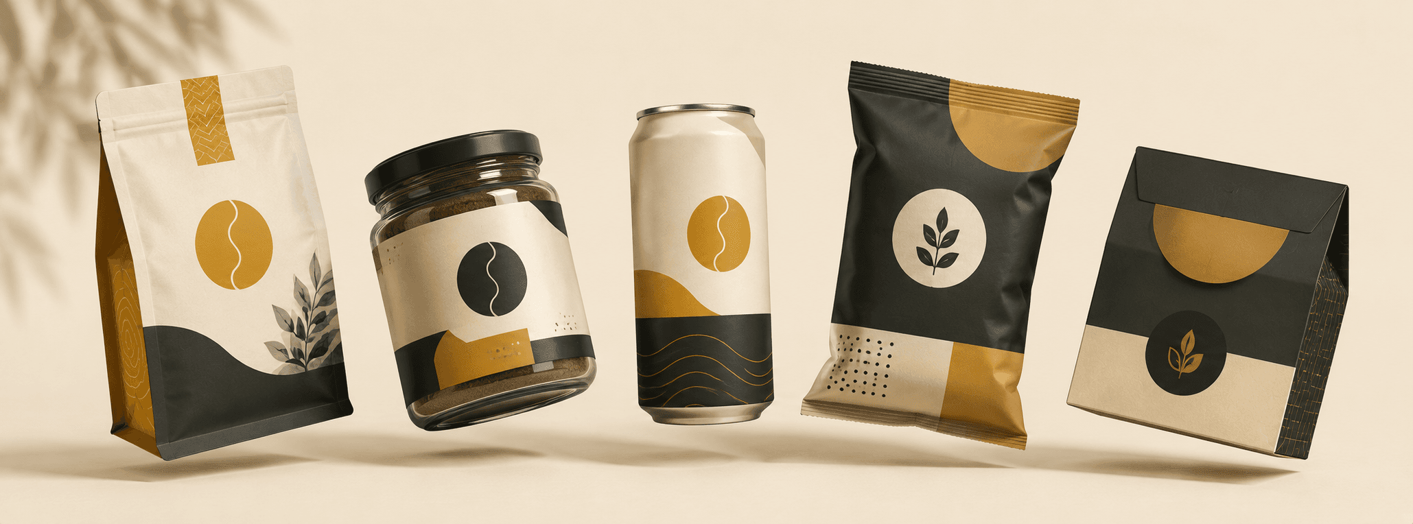 Coffee brand packaging range — pouches, jar, can and gift bag in cream, black and gold