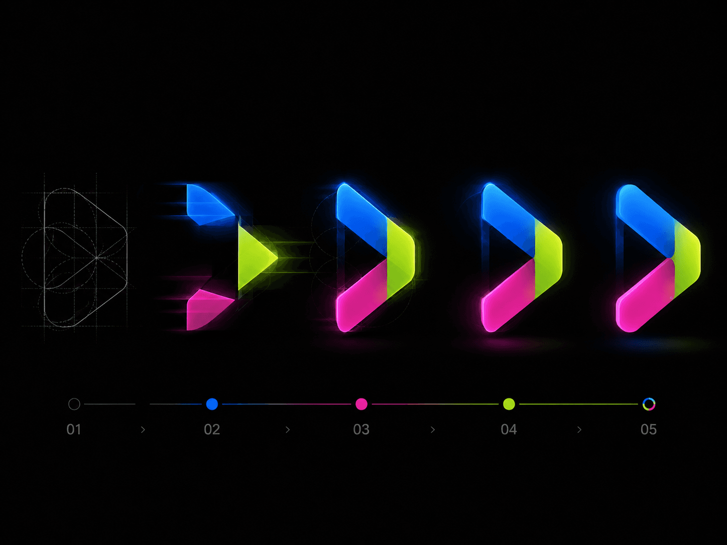 Neon chevron logomark animating across five frames, from wireframe construction to full colour